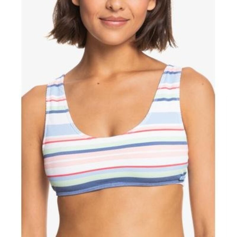 Roxy Juniors Line up Bralette White Blue Stripe Bikini Swim Top Womens Size XL